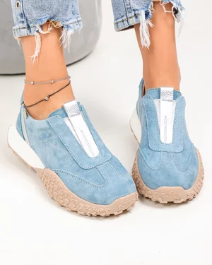 Pantofi casual dama piele naturala intoarsa albastri cu inchidere slip-on JY6592-1