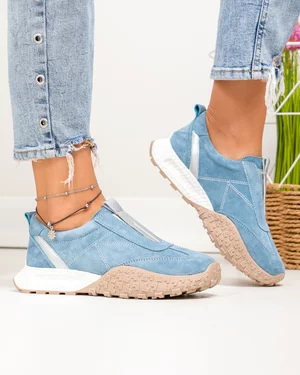 Incaltaminte Dama - Pantofi casual dama piele naturala intoarsa albastri cu inchidere slip-on JY6592-1