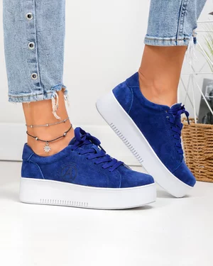 Pantofi casual dama piele naturala intoarsa albastri cu talpa alba F002-470