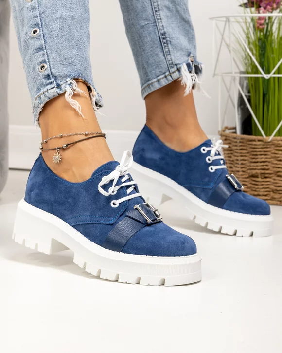 Pantofi casual dama piele naturala intoarsa albastri cu talpa alba PC820
