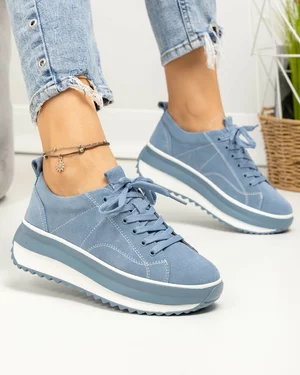 Pantofi casual dama piele naturala intoarsa albastru deschis cu alb F001-750