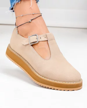 Incaltaminte Dama - Pantofi casual dama piele naturala intoarsa bej cu inchidere catarama  WIZ0126