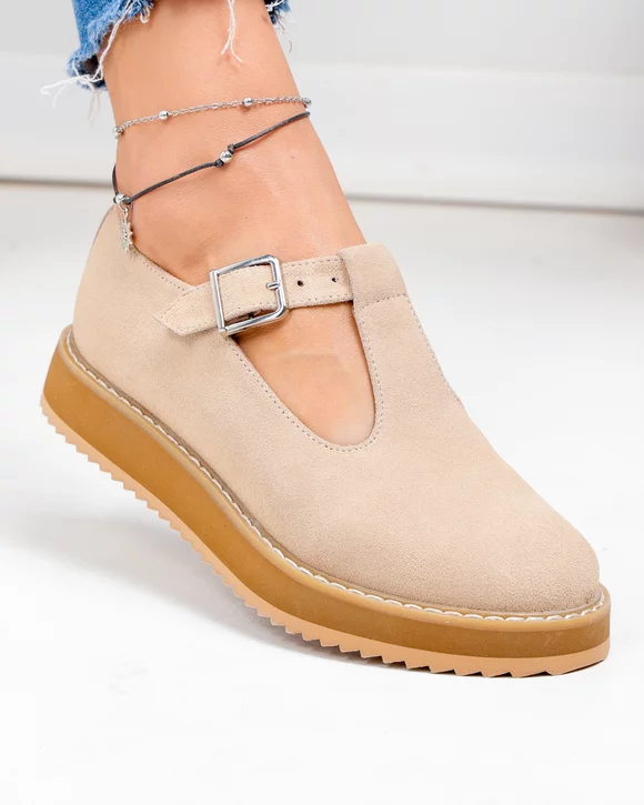 Pantofi Casual - Pantofi casual dama piele naturala intoarsa bej cu inchidere catarama  WIZ0126