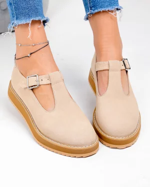 Pantofi casual dama piele naturala intoarsa bej cu inchidere catarama  WIZ0126