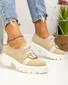 Pantofi casual dama piele naturala intoarsa bej cu inchidere siretui si catarama decorativa PC820V 2
