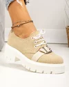 Pantofi casual dama piele naturala intoarsa bej cu inchidere siretui si catarama decorativa PC820V 1