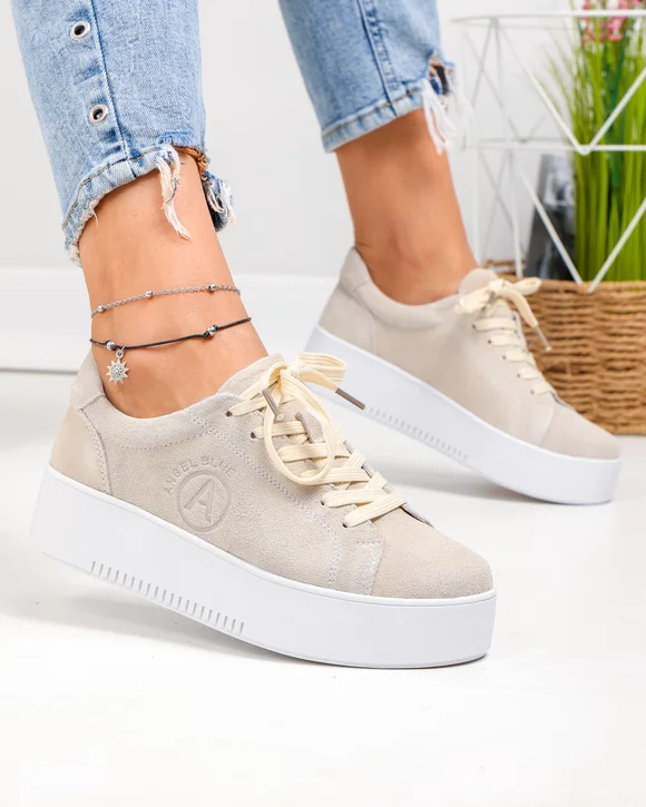 Pantofi casual dama piele naturala intoarsa bej cu inchidere sireturi F002-470