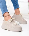 Pantofi casual dama piele naturala intoarsa bej cu model texturat lucios si inchidere sireturi F002-426A 1