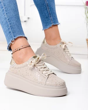Pantofi Casual - Pantofi casual dama piele naturala intoarsa bej cu model texturat lucios si inchidere sireturi F002-426A