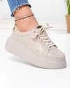 Pantofi casual dama piele naturala intoarsa bej cu model texturat lucios si inchidere sireturi F002-426A 2