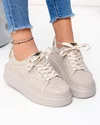 Pantofi casual dama piele naturala intoarsa bej cu model texturat lucios si inchidere sireturi F002-426A 3
