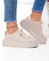 Pantofi casual dama piele naturala intoarsa bej cu model texturat lucios si inchidere sireturi F002-426A 4