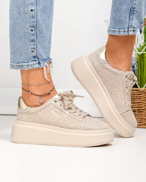 Pantofi casual dama piele naturala intoarsa bej cu model texturat lucios si inchidere sireturi F002-426A