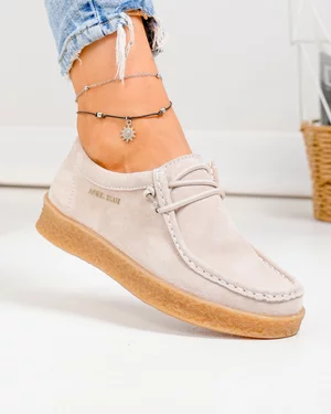 Pantofi casual dama piele naturala intoarsa bej cu siret elastic F002-516