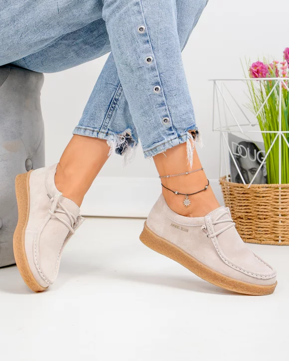 Pantofi Casual - Pantofi casual dama piele naturala intoarsa bej cu siret elastic F002-516