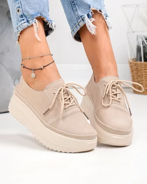 Pantofi casual dama piele naturala intoarsa bej cu talpa groasa T6055