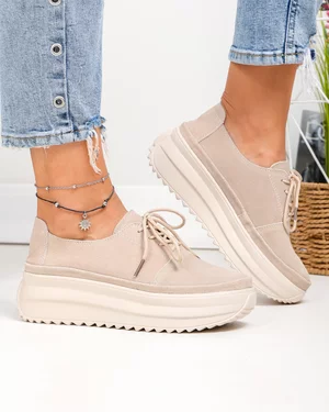 Pantofi casual dama piele naturala intoarsa bej cu talpa groasa T6055