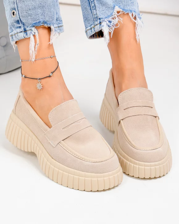 Pantofi casual dama piele naturala intoarsa bej cu talpa groasa T6085