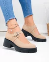 Pantofi casual dama piele naturala intoarsa bej cu toc gros si inchidere catarama  WIZ0326 1