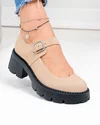 Pantofi casual dama piele naturala intoarsa bej cu toc gros si inchidere catarama  WIZ0326 2