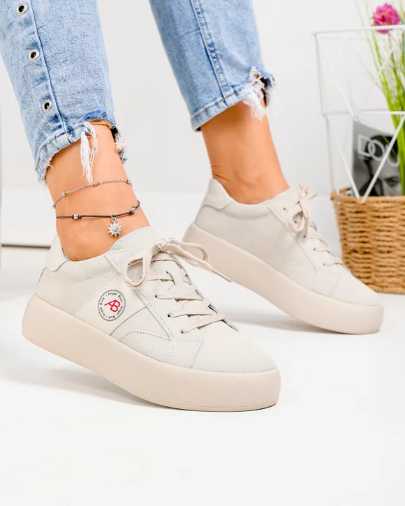 Pantofi casual dama piele naturala intoarsa bej cu varf rotund F001-879