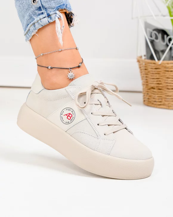 Pantofi Casual - Pantofi casual dama piele naturala intoarsa bej cu varf rotund F001-879