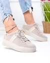 Pantofi casual dama piele naturala intoarsa bej cu varf rotund si inchidere sireturi F001-971 2