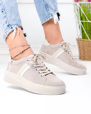 Pantofi casual dama piele naturala intoarsa bej cu varf rotund si inchidere sireturi F001-971