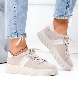Pantofi Casual - Pantofi casual dama piele naturala intoarsa bej cu varf rotund si inchidere sireturi F001-971