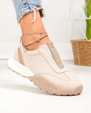 Pantofi Casual - Pantofi casual dama piele naturala intoarsa bej cu varf rotund si inchidere slip-on JY6592-1