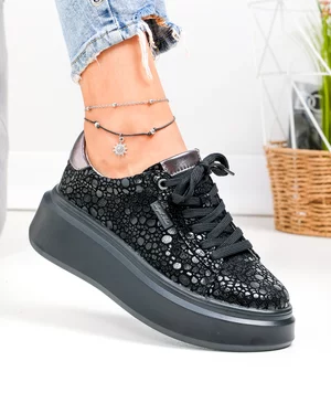 Pantofi casual dama piele naturala intoarsa cu imprimeu lucios si inchidere sireturi F002-426A
