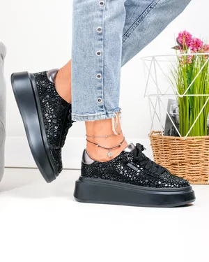 Pantofi casual dama piele naturala intoarsa cu imprimeu lucios si inchidere sireturi F002-426A