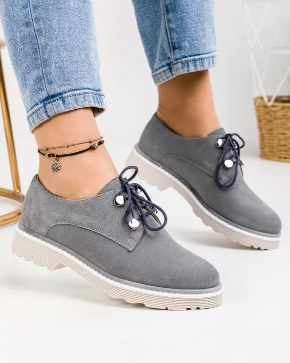 Pantofi casual dama piele naturala intoarsa cu inchidere sireturi LF346