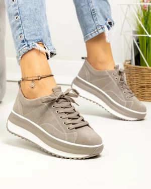 Pantofi casual dama piele naturala intoarsa gri cu inchidere sireturi F001-750