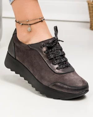 Pantofi casual dama piele naturala intoarsa gri cu inchidere sireturi VILLAPRN
