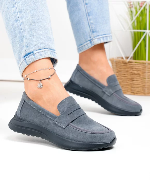 Pantofi Casual - Pantofi casual dama piele naturala intoarsa gri inchis cu talpa flexibila T-2810
