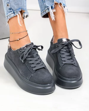 Pantofi casual dama piele naturala intoarsa gri inchis cu varf rotund F002-444