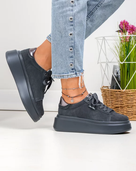 Pantofi casual dama piele naturala intoarsa gri inchis cu varf rotund F002-444