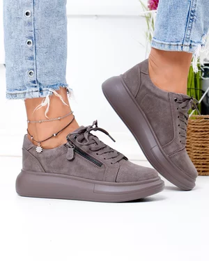 Pantofi Casual - Pantofi casual dama piele naturala intoarsa gri inchis cu varf rotund F002-651