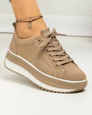 Pantofi casual dama piele naturala intoarsa kaki cu inchidere sireturi F001-750