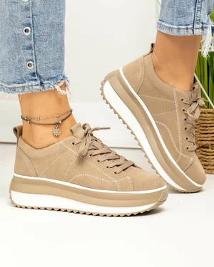 Pantofi casual dama piele naturala intoarsa kaki cu inchidere sireturi F001-750