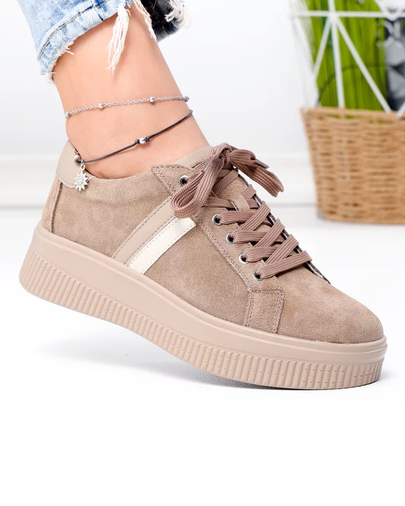 Pantofi casual dama piele naturala intoarsa kaki  cu inchidere sireturi F001-971