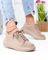 Pantofi casual dama piele naturala intoarsa kaki cu inchidere sireturi si fermoar lateral F002-651 2