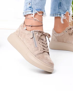 Pantofi Casual - Pantofi casual dama piele naturala intoarsa kaki cu inchidere sireturi si fermoar lateral F002-651