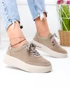 Pantofi casual dama piele naturala intoarsa kaki cu inchidere sireturi si varf rotund F001-924 1
