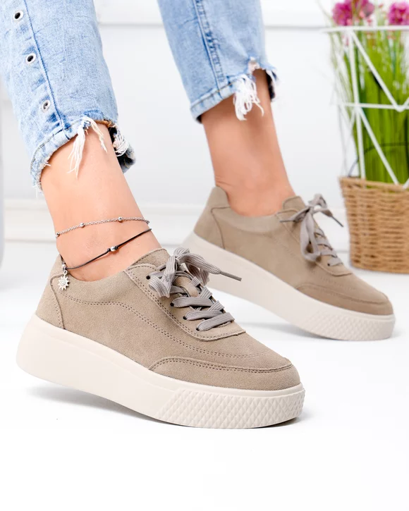 Pantofi casual dama piele naturala intoarsa kaki cu inchidere sireturi si varf rotund F001-924