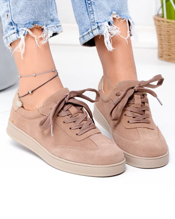 Pantofi casual dama piele naturala intoarsa kaki cu inchidere sireturi T-2646