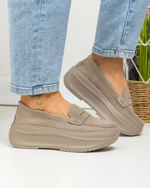 Pantofi casual dama piele naturala intoarsa kaki cu inchidere slip-on F002-295