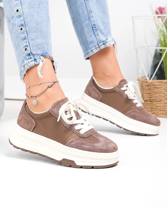 Pantofi casual dama piele naturala intoarsa kaki cu material sintetic G10-A03-1