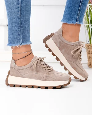 Pantofi Casual - Pantofi casual dama piele naturala intoarsa kaki cu talpa bej F002-661